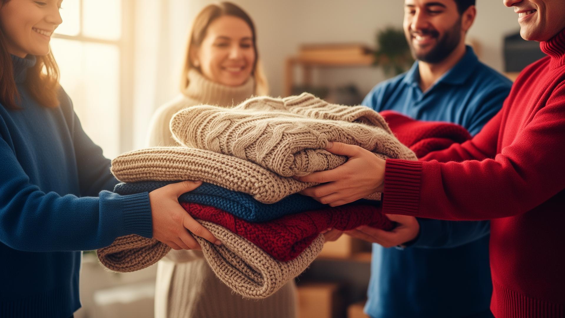 Mãos solidárias entregando agasalhos doados